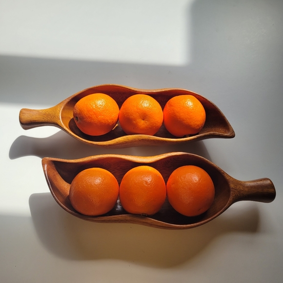Orobilt VTG MCM Monkey Pod 12x4x2 Wood Set 2 Leaf Fruit Snack Bowl Fall Holidays - Picture 3 of 15